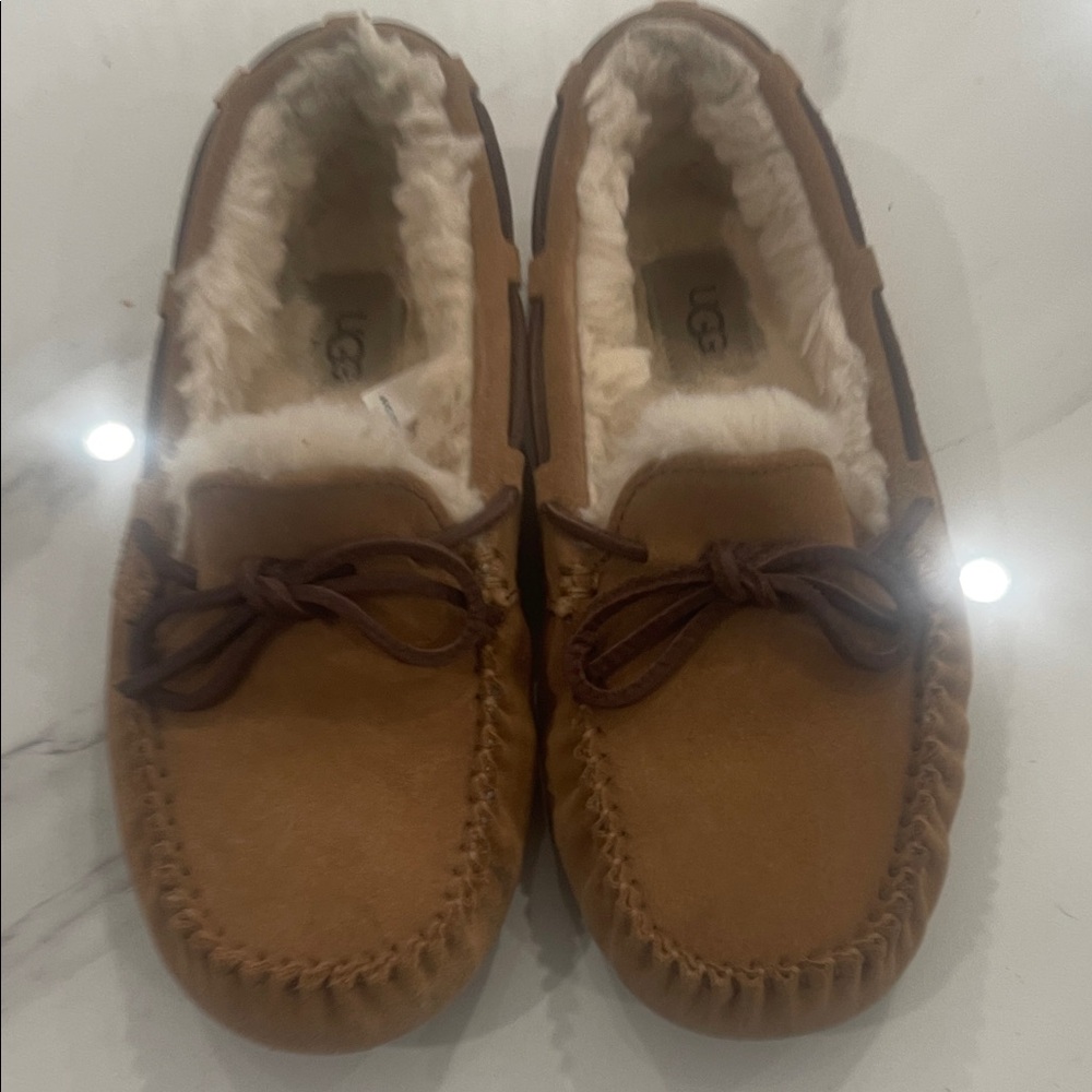 UGG Chestnut Suede Moccasin Slippers with Shearling Trim